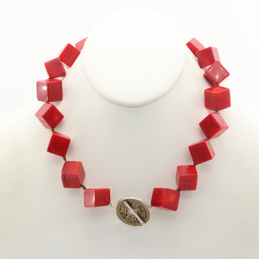 Asian Style Sterling Silver Coral Necklace with Replica Chinese Coin