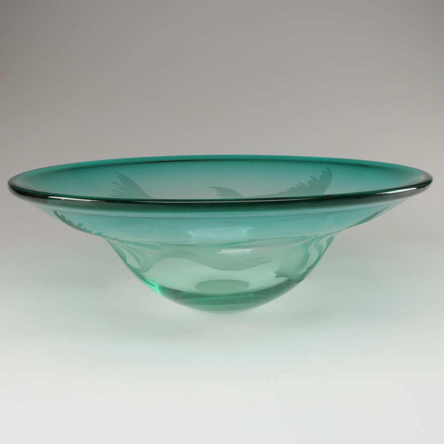 M. Fowler Art Glass Blue Fish Design Bowl