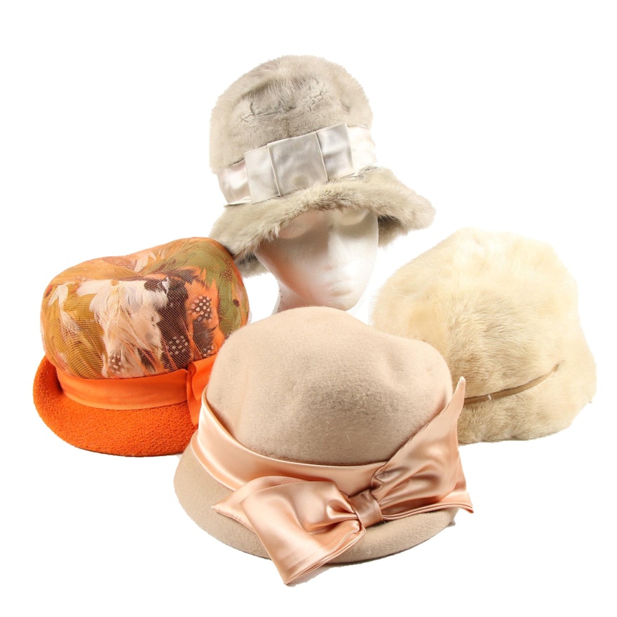 Bucket and Cloche Hats Including Saga Mink Fur with Hat Box Travel Case, Vintage