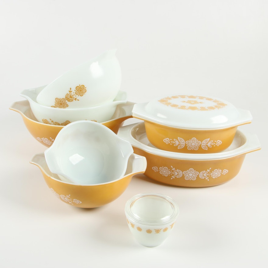 Pyrex "Butterfly Gold" Glass Casseroles and Cinderella Mixing Bowls, 1972–81
