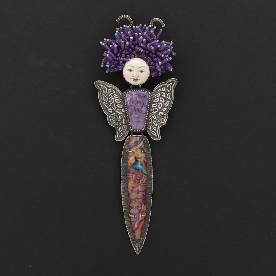 Sterling Silver and Porcelain Figural Brooch With Charoite and Enamel Accents
