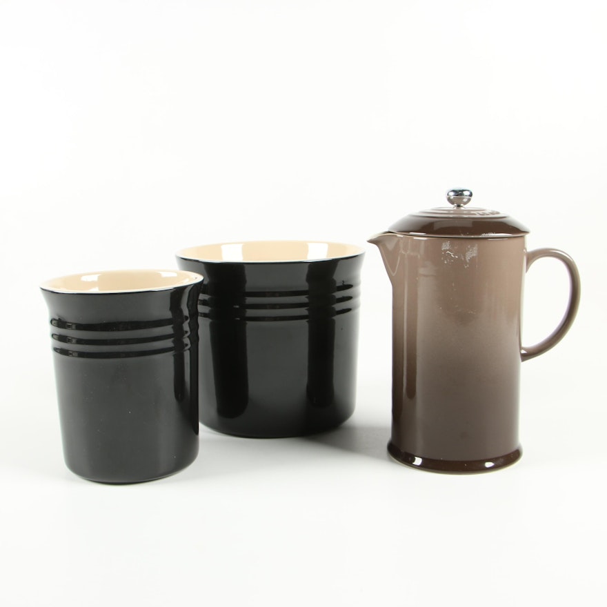 Le Creuset Oyster Stoneware French Press with Black Stoneware Canisters