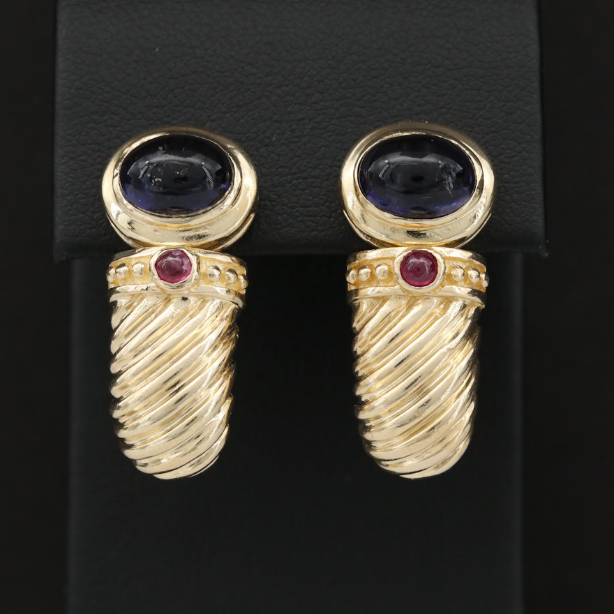 14K Yellow Gold Iolite and Ruby Earrings