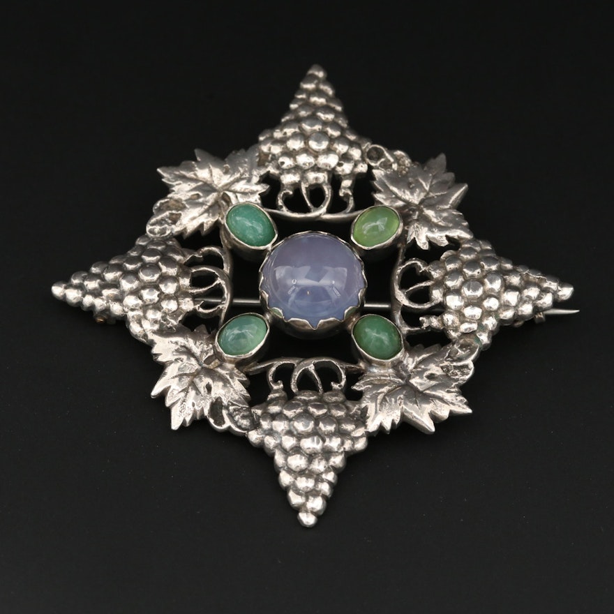 Vintage Sterling Silver Blue and Green Chalcedony Grapevine Brooch