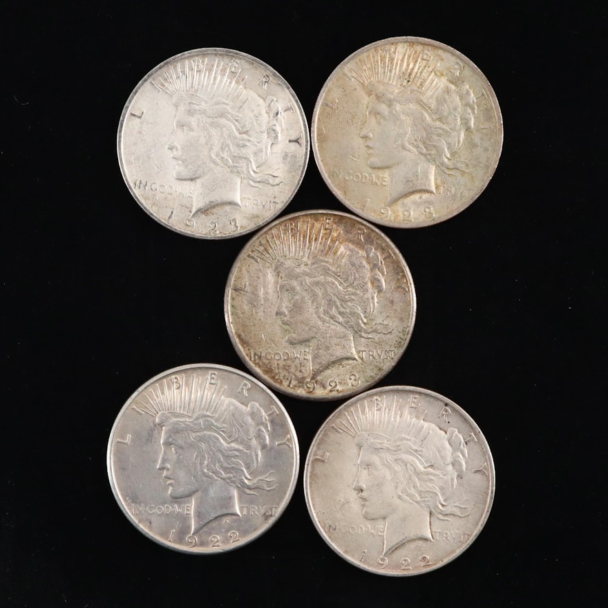 Five Silver Peace Dollars Including 1922, 1922-D, 1923, 1923-D, and 1923-S