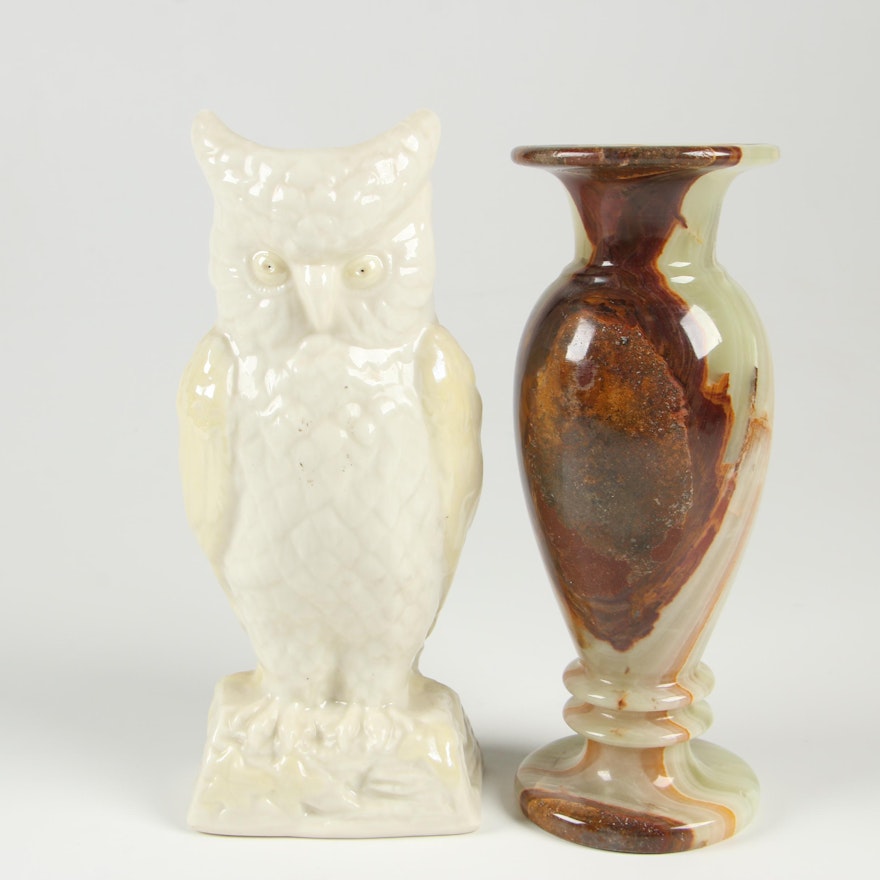 Belleek "Owl" Porcelain Spill Vase with Banded Calcite Vase