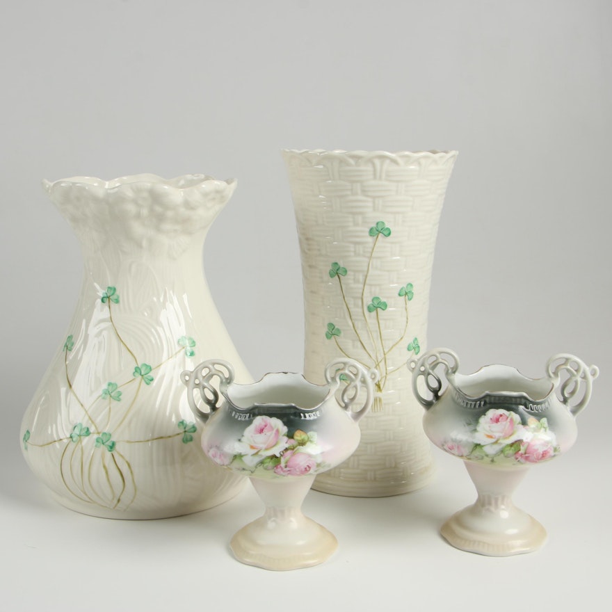 Belleek "Shamrock" Vases with Pair of Hand Painted Porcelain Vases