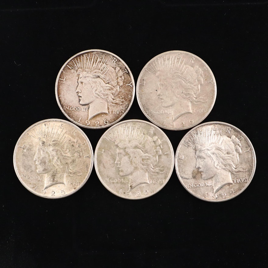 Five Silver Peace Dollars Including 1922, 1924, 1925, 1926, and 1926-S