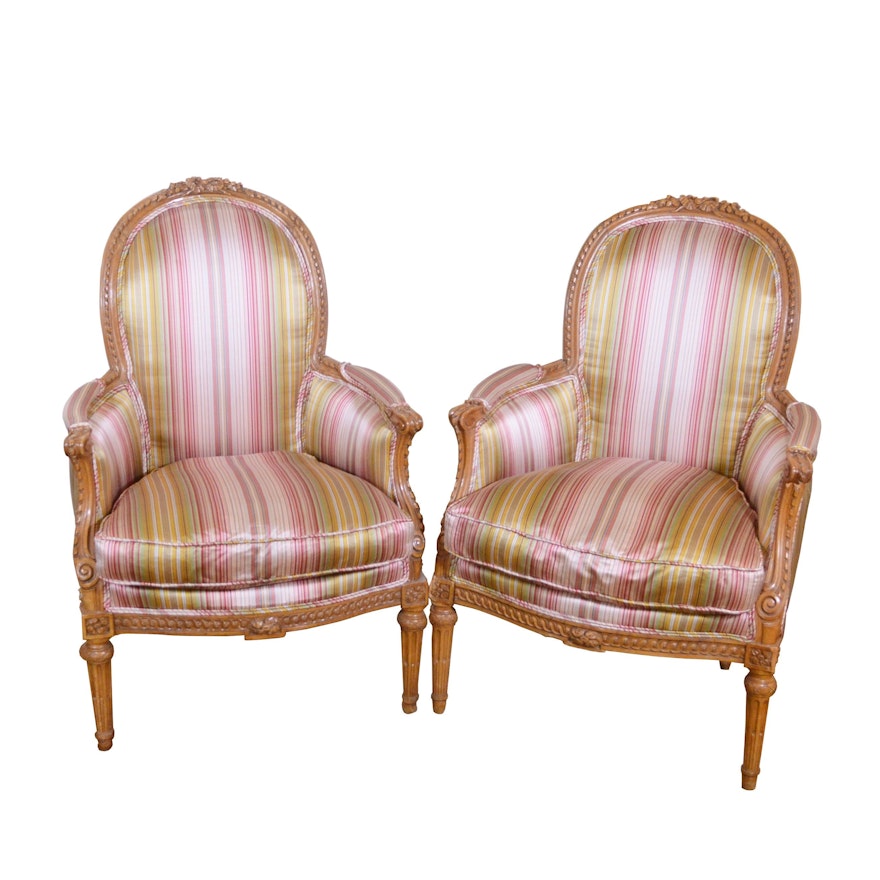 Pair of Louis XVI Style Upholstered Carved Beech Bergère, Late 19th/20th Century