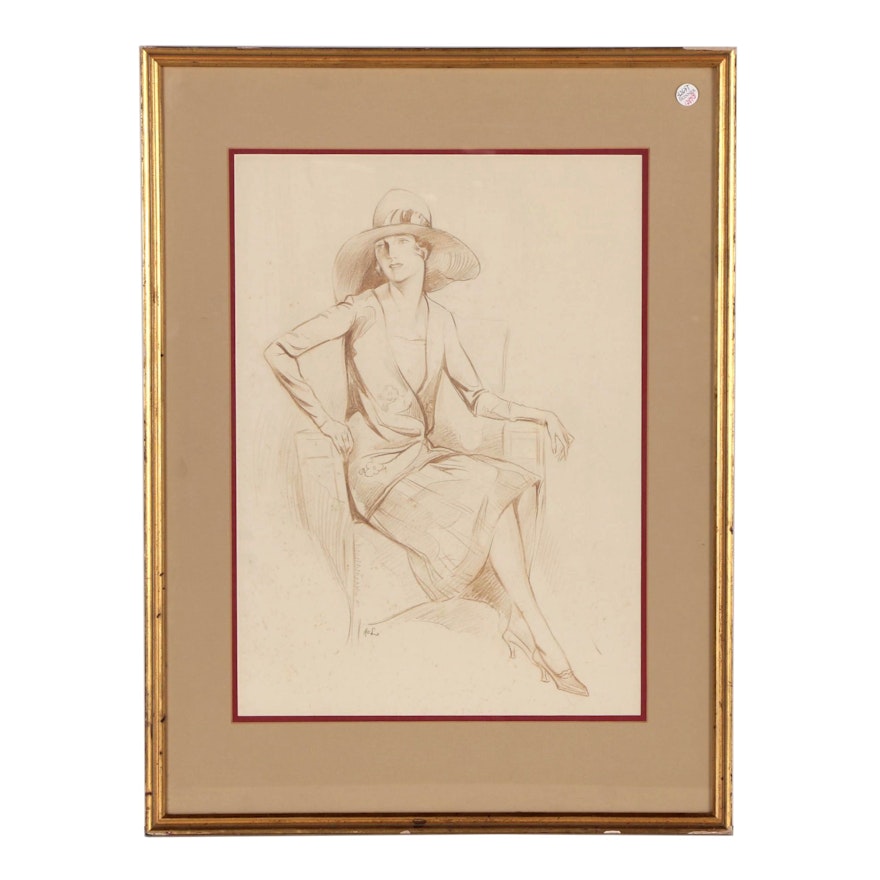 Alexander Levy Conté Crayon Figure Drawing of Seated Woman