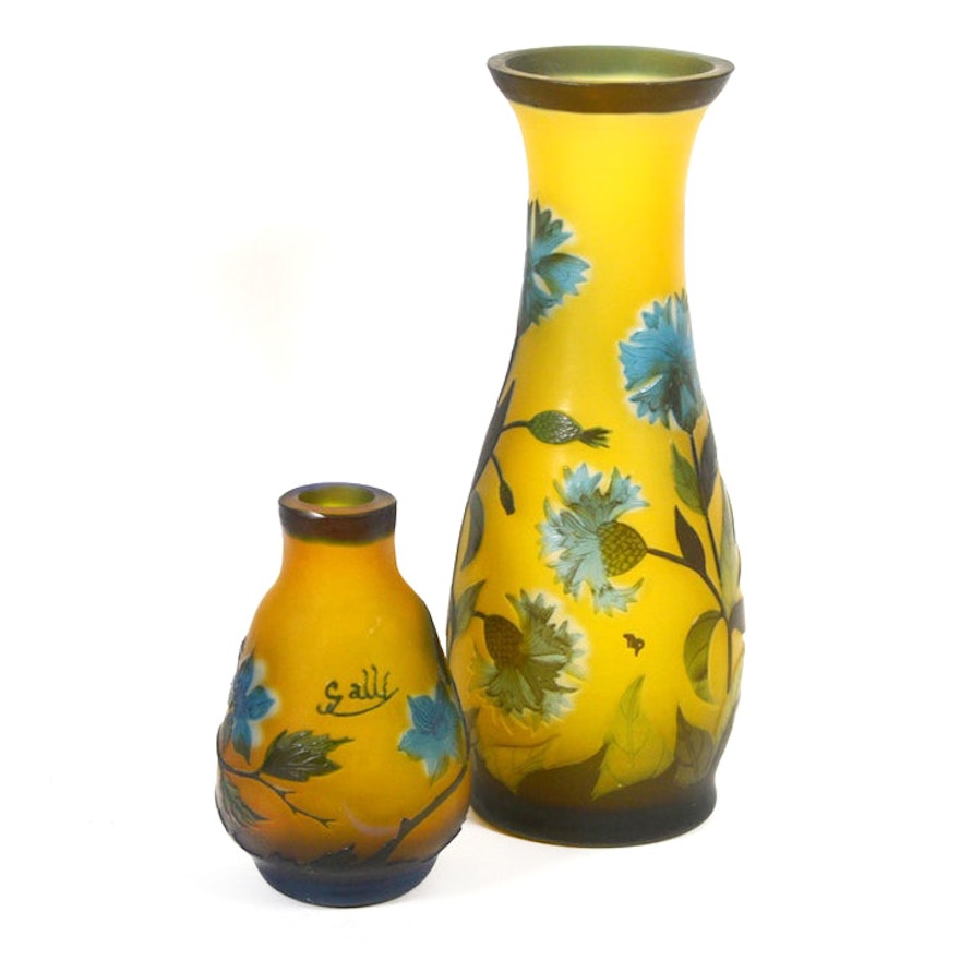 Reproduction Emile Gallé Cameo Glass Vases, Set of Two