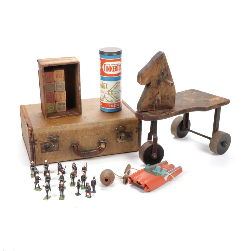Wooden Horse Rider, Tinkertoy, Marbles and More, Early to Mid 20th Century