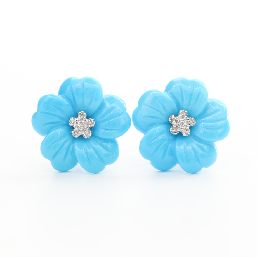 14K White Gold Turquoise and Diamond Floral Earrings