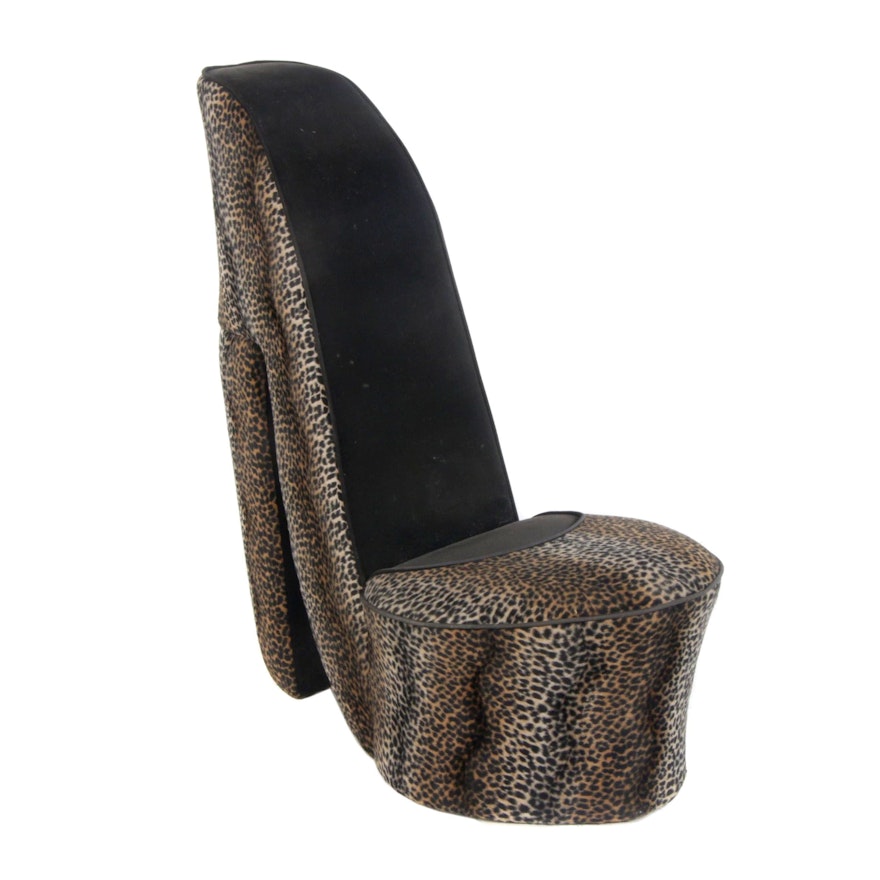 Plush Leopard Print Upholstered High-Heeled Shoe Chair, Late 20th Century