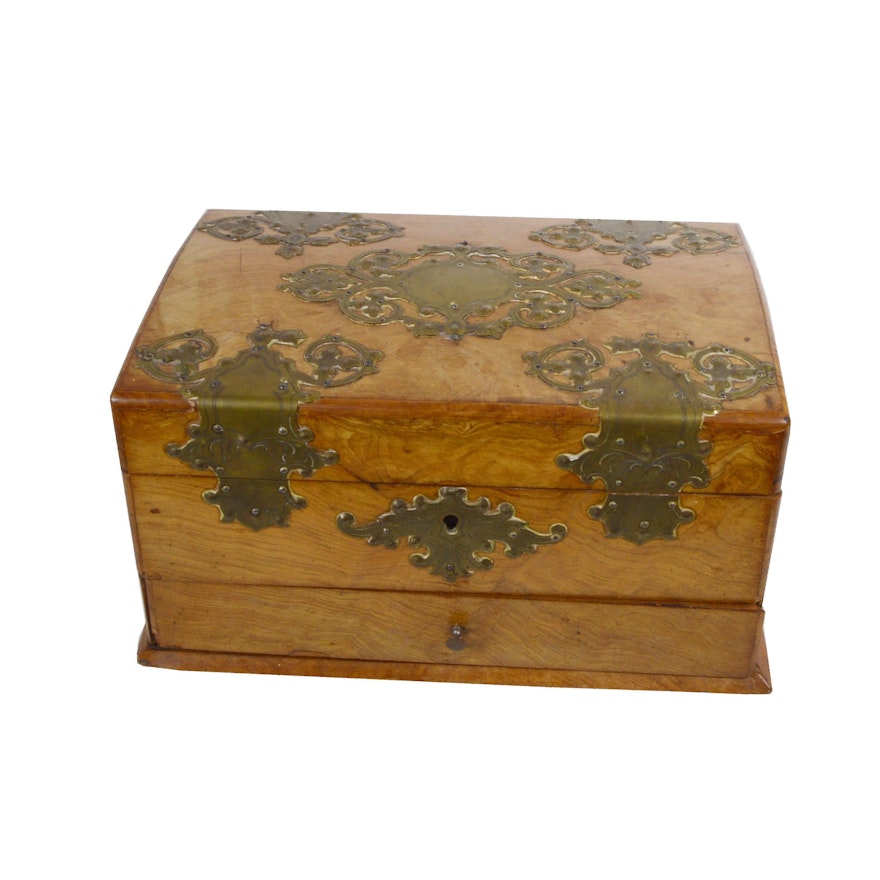Victorian Brass-Mounted Elm Document Box, Late 19th Century