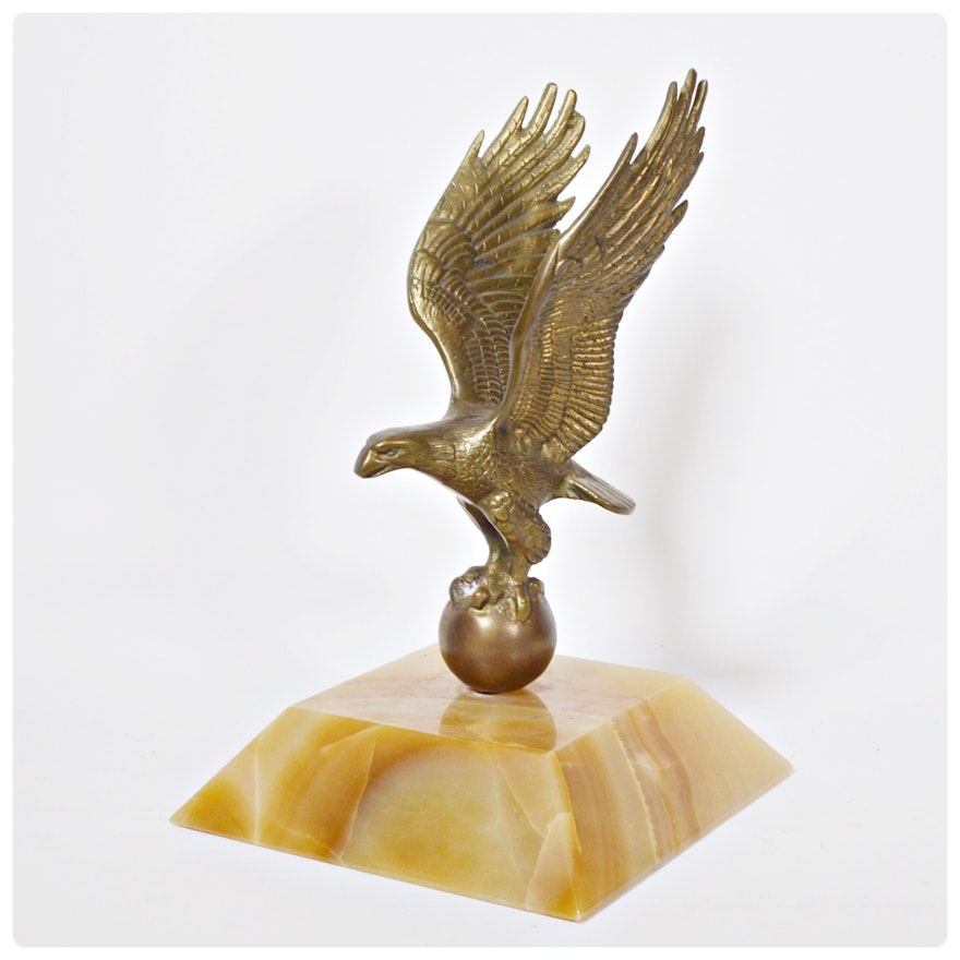 Brass Eagle Figurine Atop Agate Base, Late 20th Century