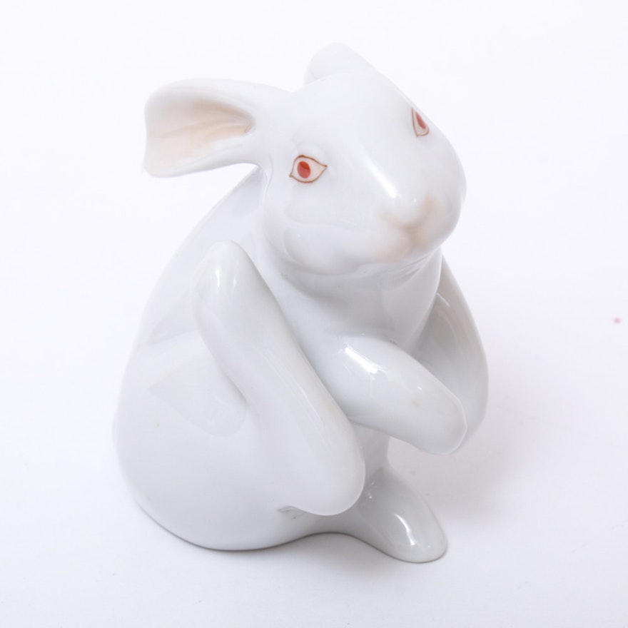 Herend White "Scratching Bunny" Porcelain Figurine, December 1997