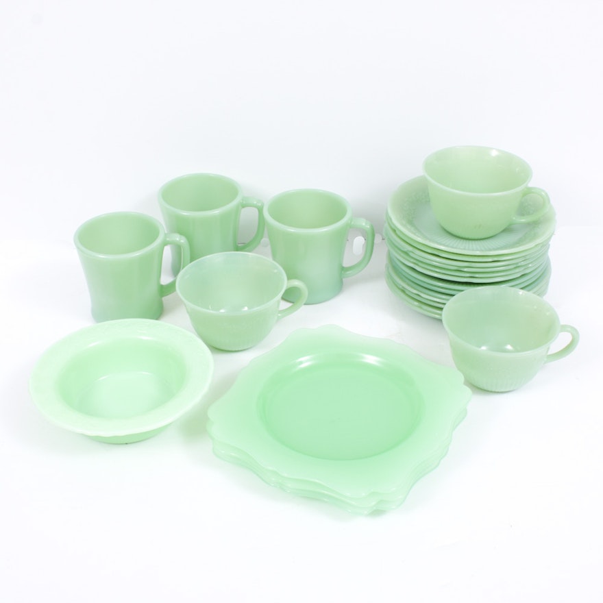 Fire-King "Alice" Jadeite Glass Saucers and Other Jadeite Glass Dinnerware