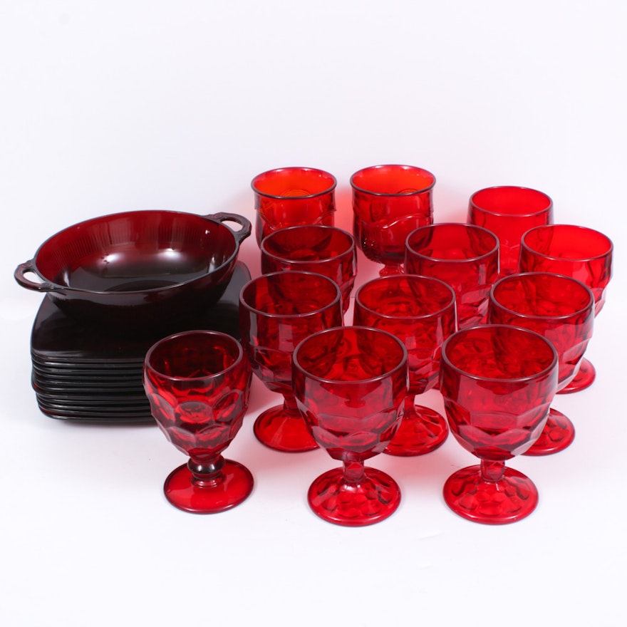 Viking and Anchor Hocking Ruby Glass Dinnerware, Mid-Century