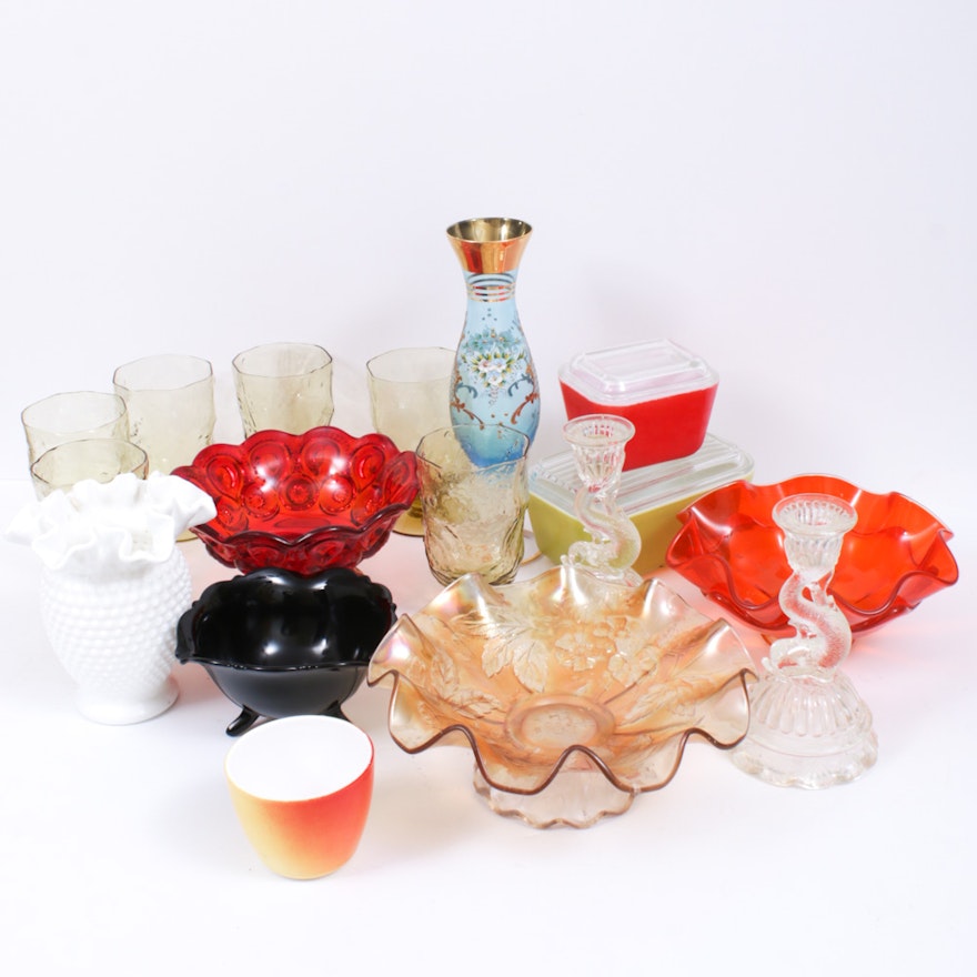 Dolphin Candlesticks, Peach Blow, Hobnail and Ruffled Glass, Mid-20th Century