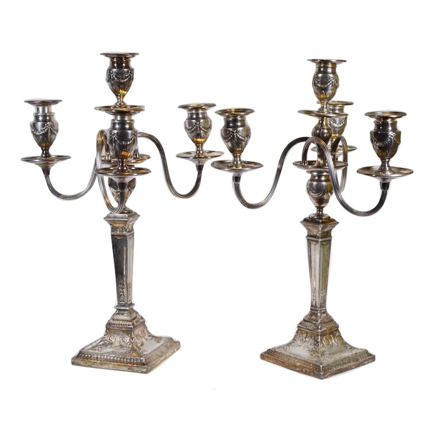 Georgian Style Chased Silver Plate Convertible Candelabra, Antique