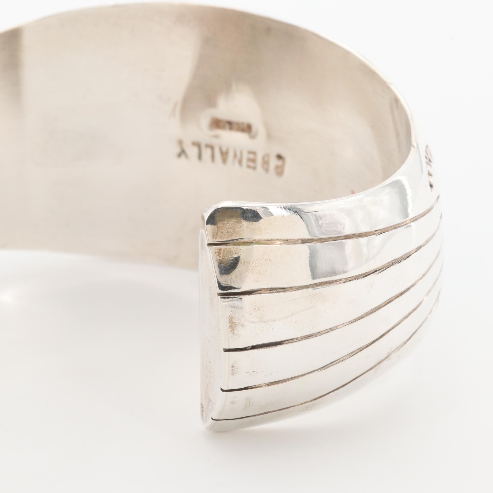 P. Benally Navajo Diné Sterling Silver Turquoise Shadowbox Cuff Bracelet