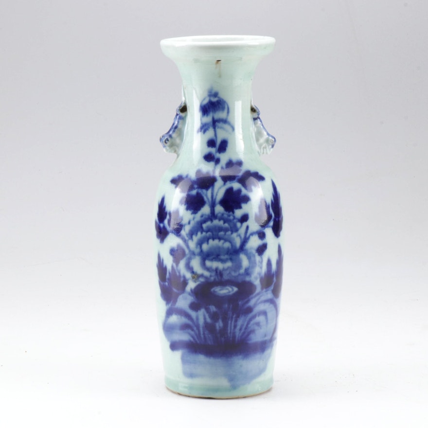 Chinese Underglaze Blue Celadon Baluster Vase with Figural Handles, Antique
