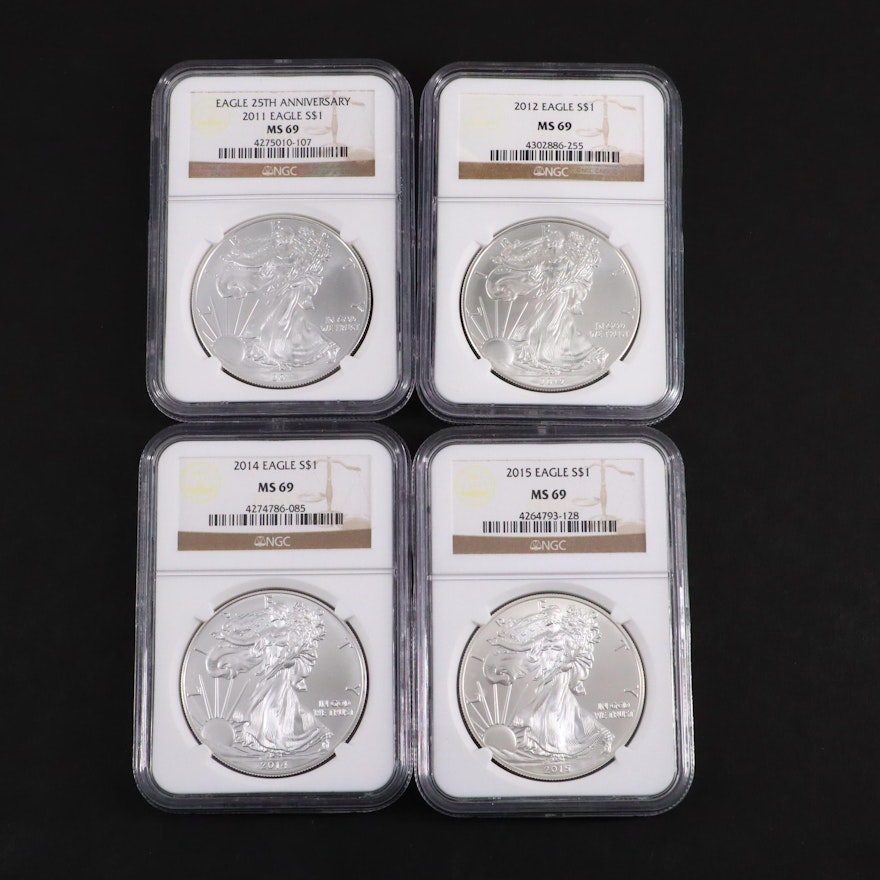 Four NGC Graded MS69 American Silver Eagle $1 Coins