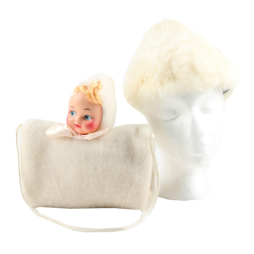 Child's Rabbit Fur Hat and Faux Fur Muff with Doll Head, Mid-20th Century