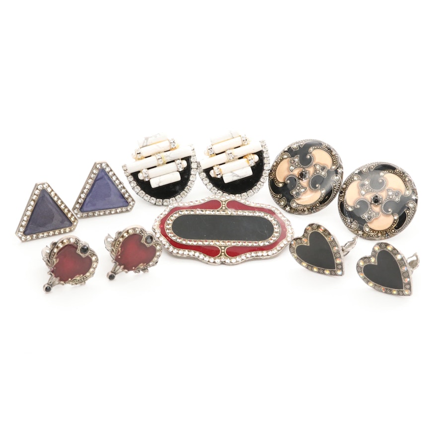 Assortment of Rhinestone, Enamel, and Magnesite Earrings With Brooch