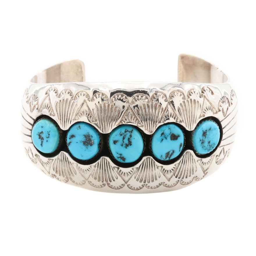 P. Benally Navajo Diné Sterling Silver Turquoise Shadowbox Cuff Bracelet