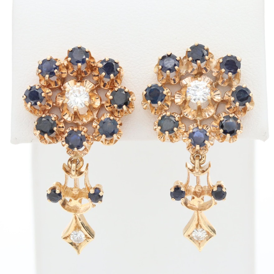 Vintage 14K Yellow Gold Diamond and Sapphire Earrings