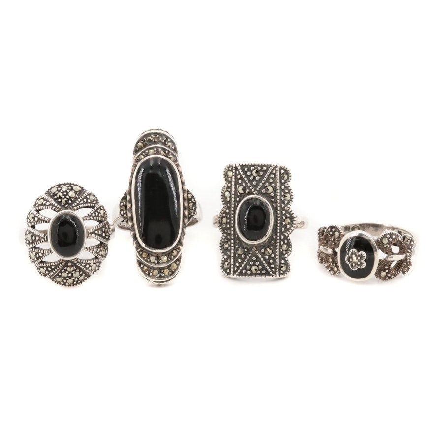 Sterling Silver Rings with Black Onyx and Marcasite