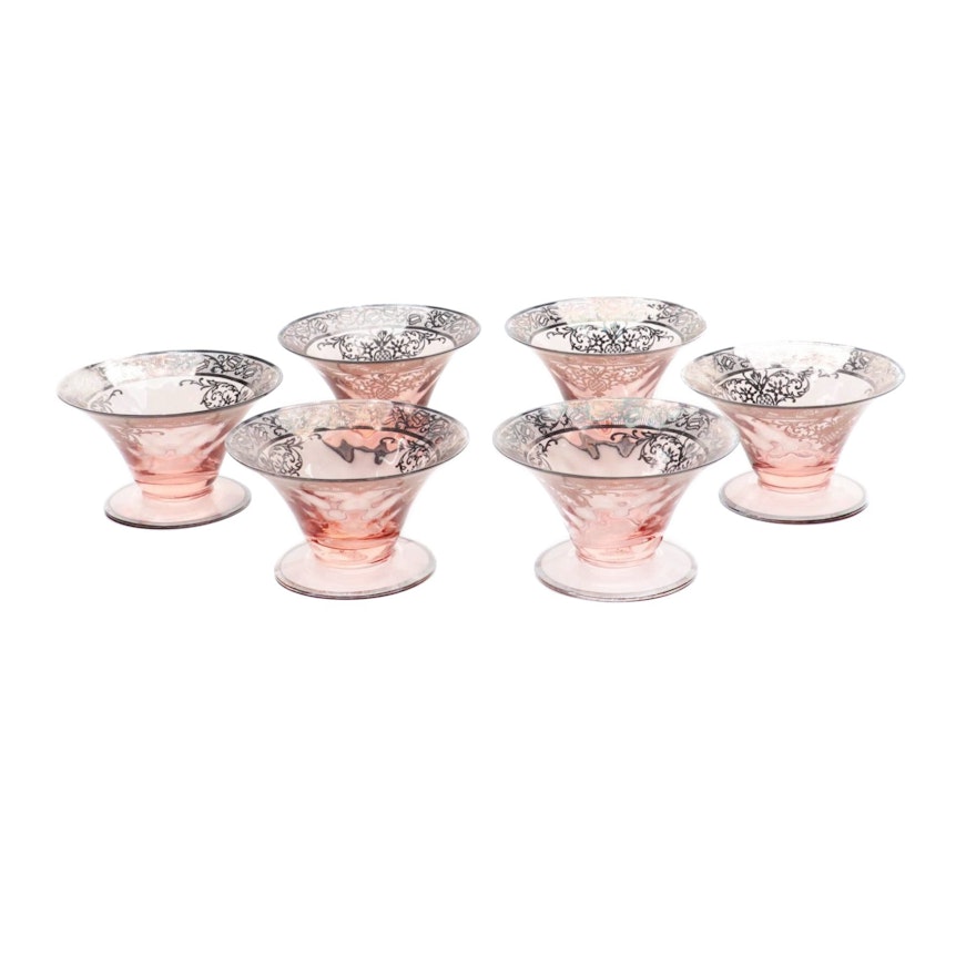 Pink Depression Glass with Sterling Overlay Dessert Coupes, Early 20th Century