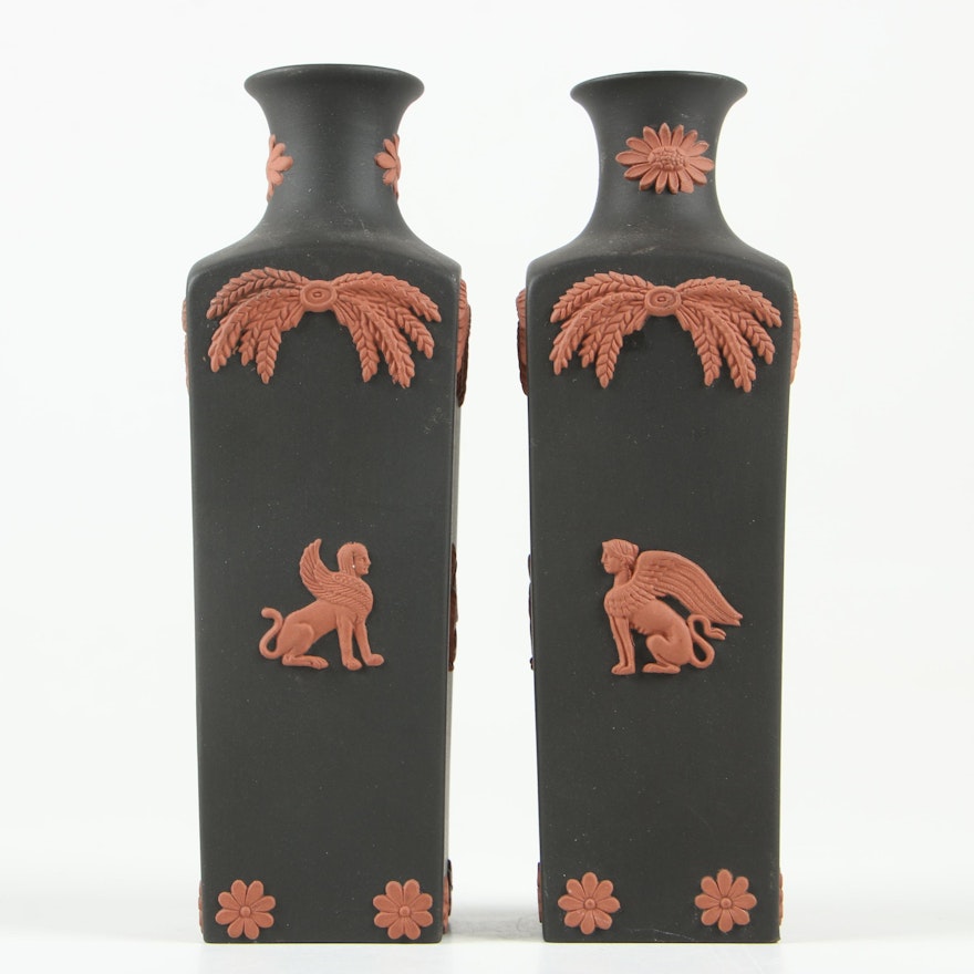 Wedgwood "Black Basalt" Bud Vases with Terracotta Sphinx Motif