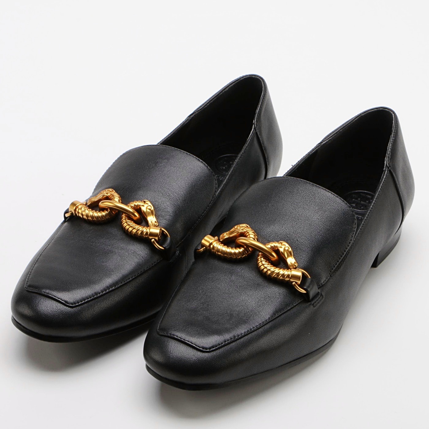 Tory Burch Jessa Loafer in Black Leather with Gold Tone Horse Head Hardware