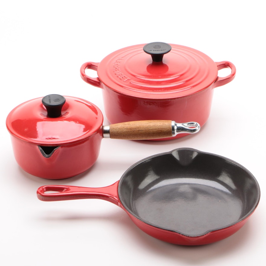 Le Creuset Enameled Skillet, Saucepan and Lidded Pot in Cerise