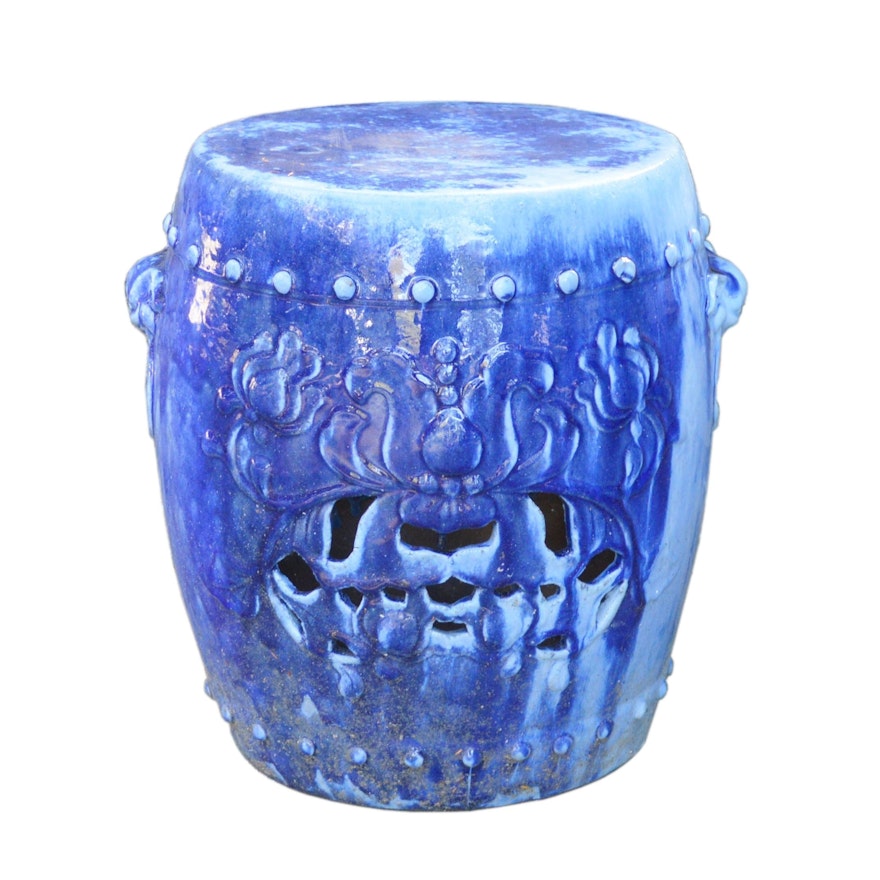 Blue Glazed Pierced Terracotta Garden Stool, Contemporary