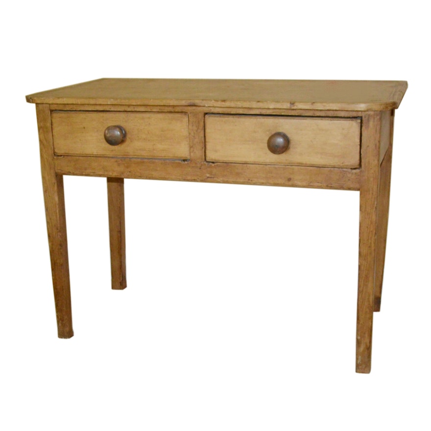 American Primitive Pine Two Drawer Table, Mid-19th Century