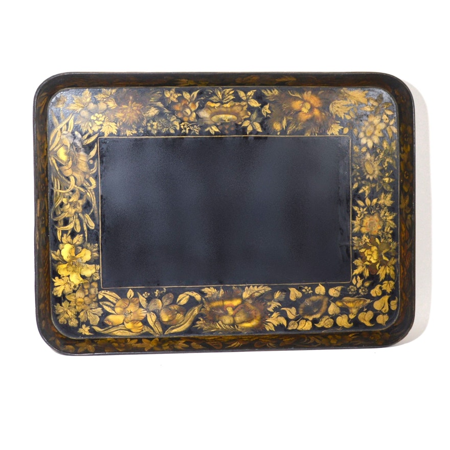 Tole Style Hand-Painted Wooden Tray with Floral Motif, Mid 20th Century