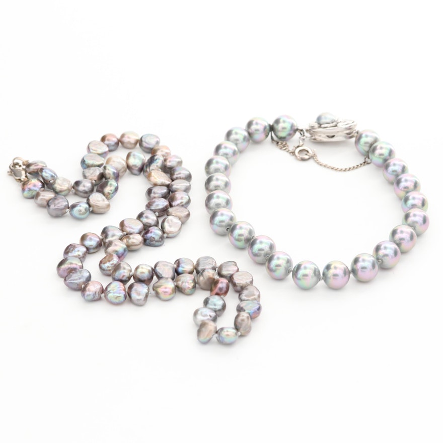 Sterling Silver Cultured Pearl Necklace and Bracelet