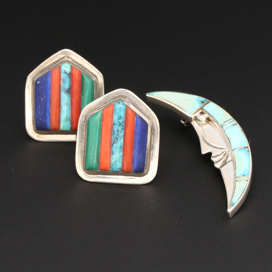 Marie Tsosie Navajo Diné Turquoise Moon Brooch and Southwestern Style Earrings