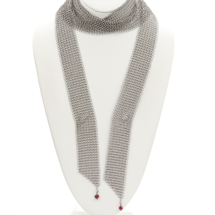 Chainmail Mesh Sautoir Necklace With Cultured Pearl Accents