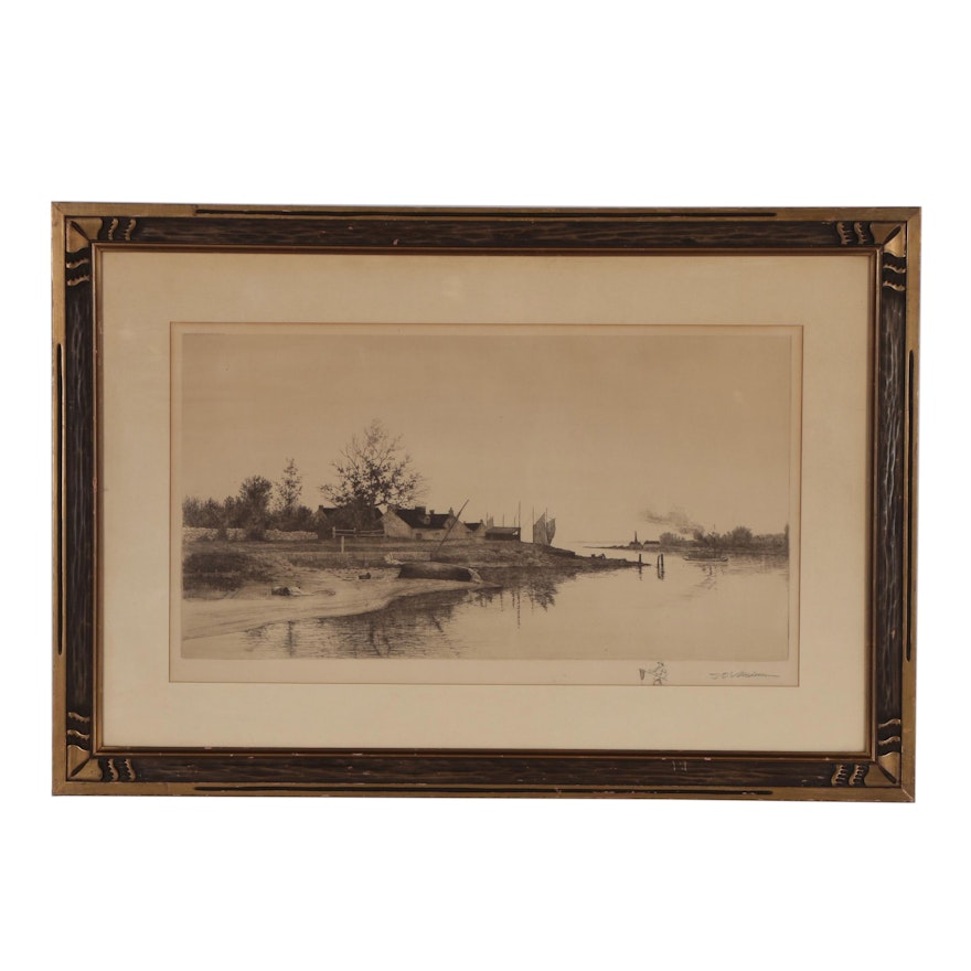 John O. Anderson Drypoint Etching of River Scene, 19th Century
