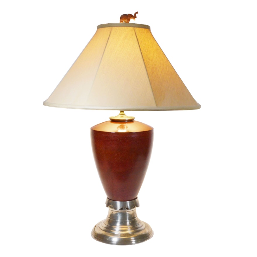 Painted Metal Table Lamp with Carved Elephant Finial, Late 20th Century