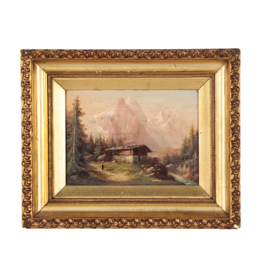 Continental Oil Painting of Alpine Landscape with Swiss Chalet