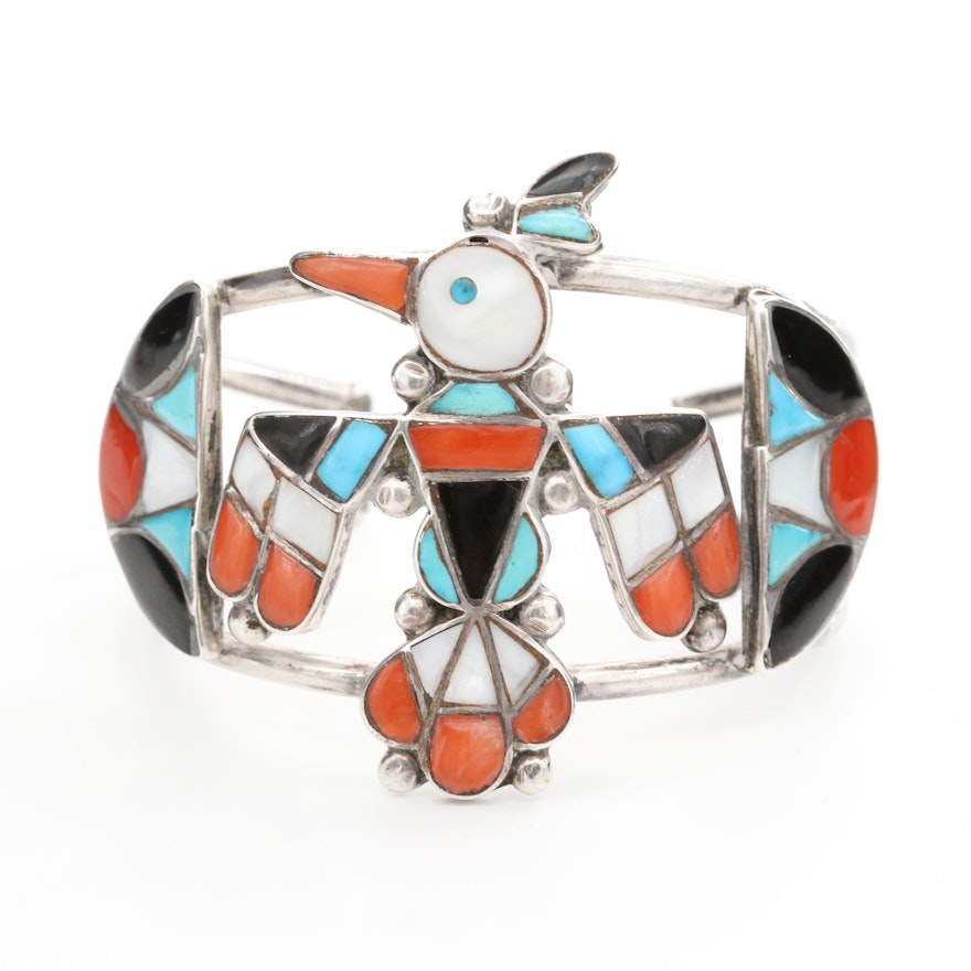 Southwestern Style Black Onyx, Mother of Pearl and Turquoise "Thunderbird" Cuff
