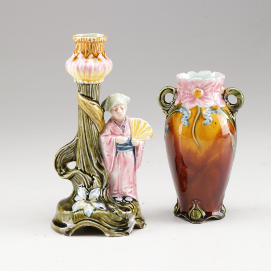 German Majolica Vase and Art Nouveau Style Candlestick, circa 1900