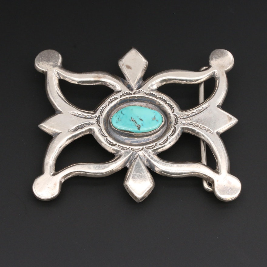 Southwestern Style Sterling Silver Turquoise Sandcast Belt Buckle