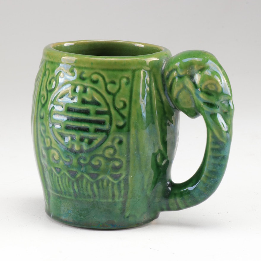 Chinese Inspired Green Elephant Stoneware Mug, Early 20th Century